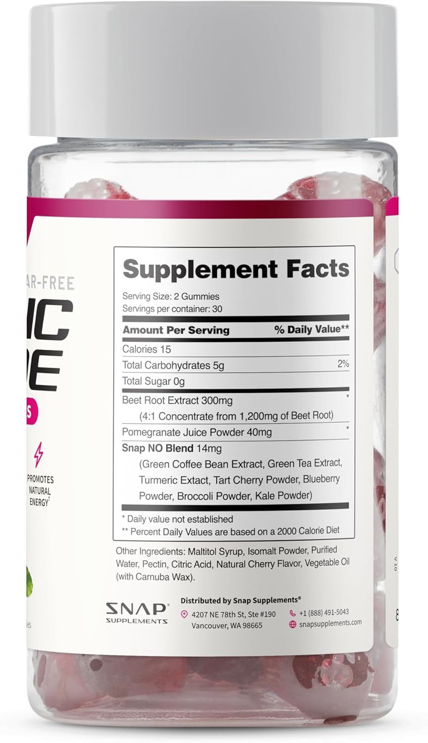 Snap Supplements Nitric Oxide Gummies - Beet Root Extract 300mg, Sugar Free Beetroot Supplement with Pomegranate Powder for Circulation & Natural Energy, 60 Vegan Gummies, Cherry Flavor Snap SupplementsAu supplements