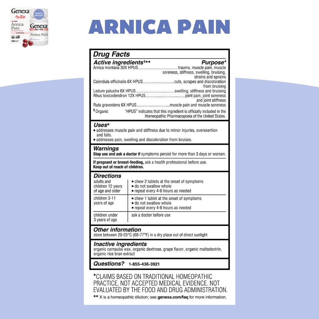 Genexa Adult Pain Relief Bundle | 500mg Acetaminophen Caplets + Homeopathic Arnica Chewables | Fast Relief for Headache, Joint & Muscle Pain | OTC + Homeopathic Combo | No Dyes or Artificial Additives GenexaAu supplements