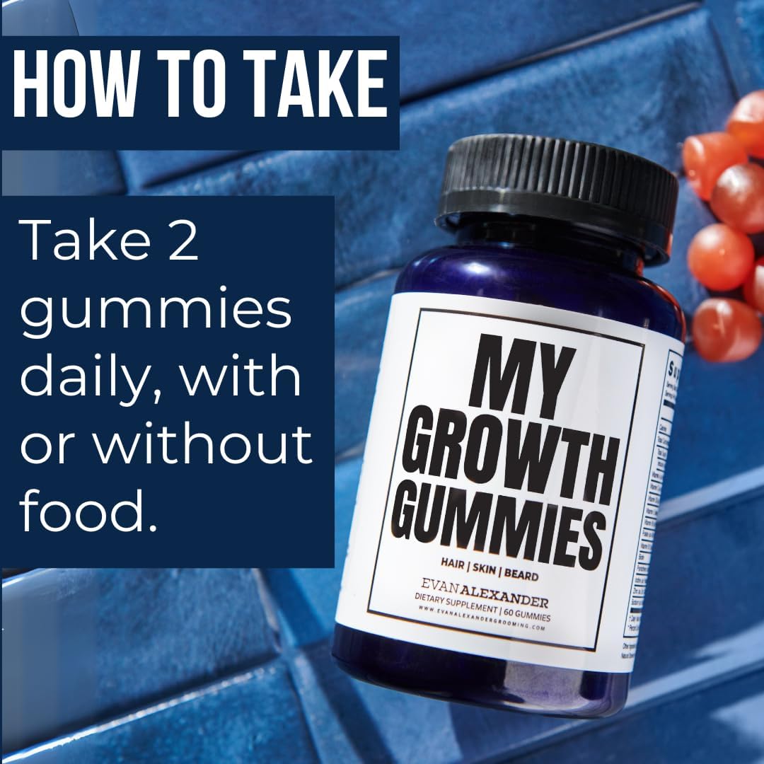 Evan Alexander Grooming My Growth Gummies | Healthy Hair & Beard Growth Support | Stronger Hair Follicles & Better Skin | Strawberry & Coconut Flavor | Vitamins C, D3, B6, B12 & Biotin | 60 Gummies Evan Alexander Fine GroomingAu supplements