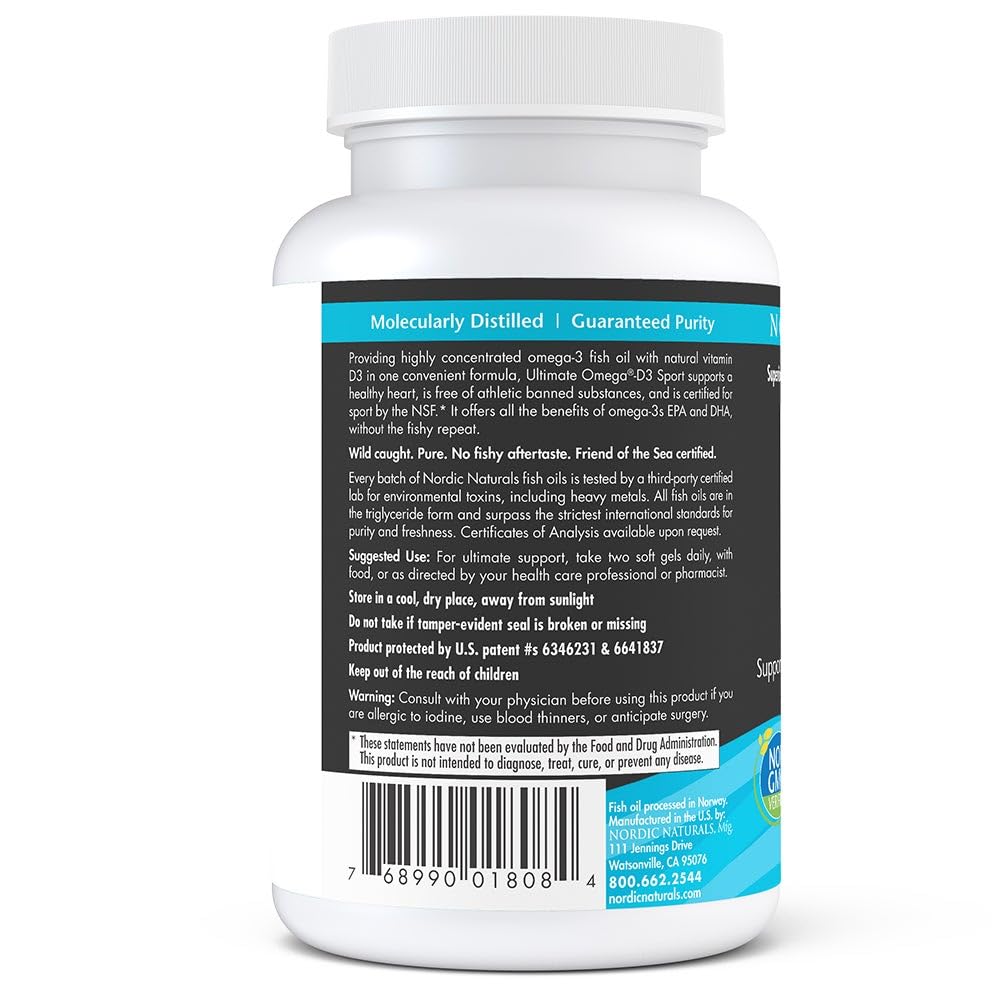 Nordic Naturals Ultimate Omega-D3 Sport, Lemon - 60 Soft Gels - 1480 mg Omega-3 + 1000 IU Vitamin D3 - NSF Certified - Supports Muscle, Bones, Focus & Endurance - 30 Servings Nordic NaturalsAu supplements