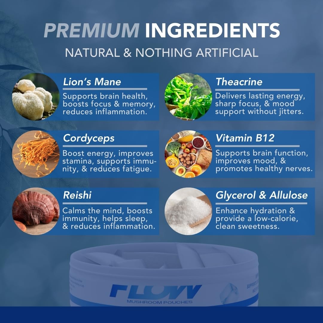 Flow Pouches Mushroom Nootropic Pouches - 600mg Organic Mushroom Energy Ultra Pouches with Lion's Mane, Reishi, Cordyceps for Focus & Clean Energy - Zero Caffeine or Sugar (5 Can Pack, Cool Mint) Flow PouchesAu supplements