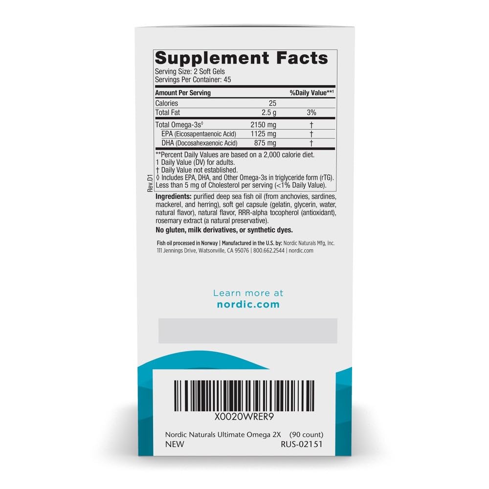 Nordic Naturals Ultimate Omega 2X, Lemon Flavor - 90 Soft Gels - 2150 mg Omega- High-Potency Omega-3 Fish Oil with EPA & DHA - Promotes Brain & Heart Health - Non-GMO - 45 Servings Nordic NaturalsAu supplements