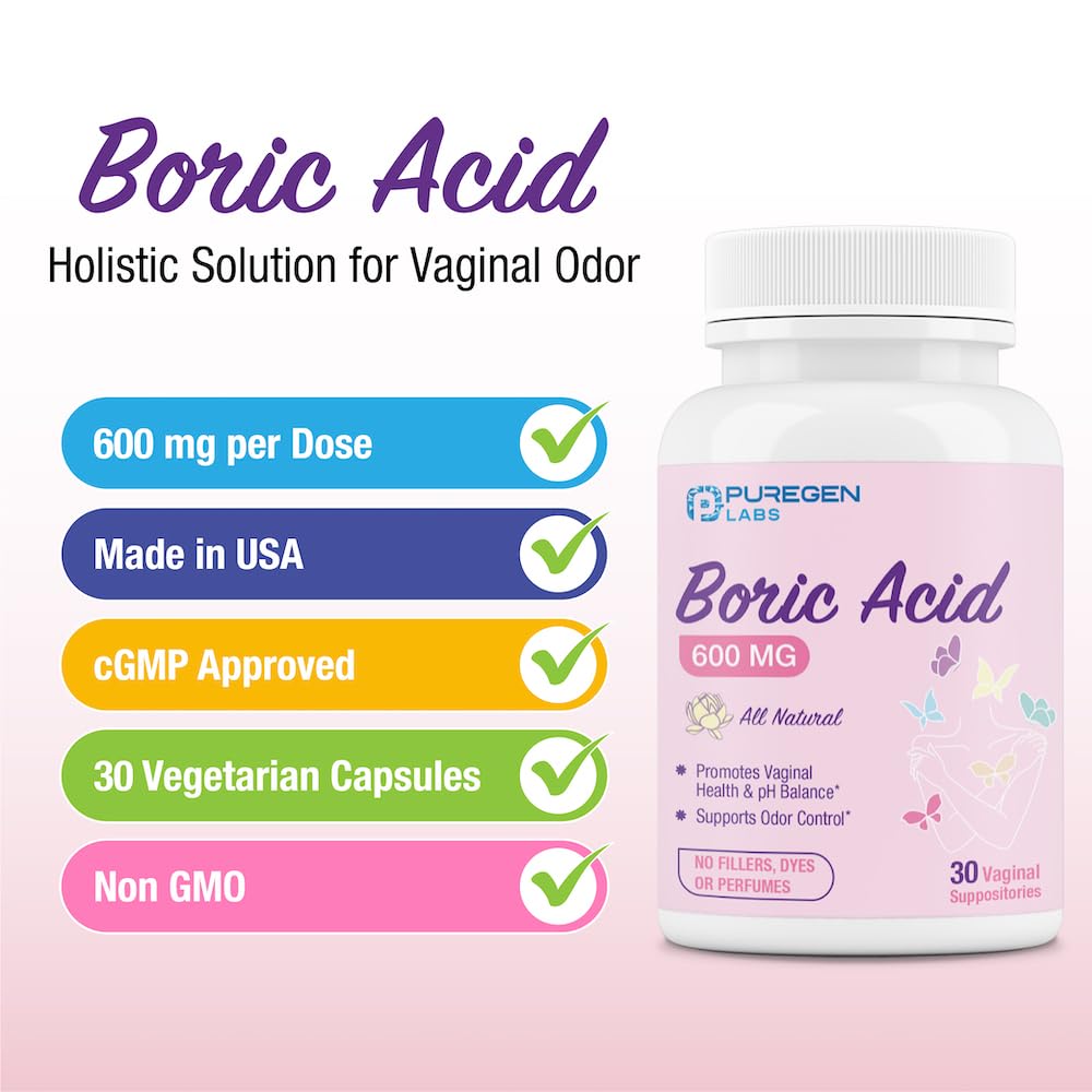 Puregen Labs Boric Acid 600 mg Vaginal Suppositories - 100% Pure | All Natural Without Dyes or Fillers P Puregen LabsAu supplements