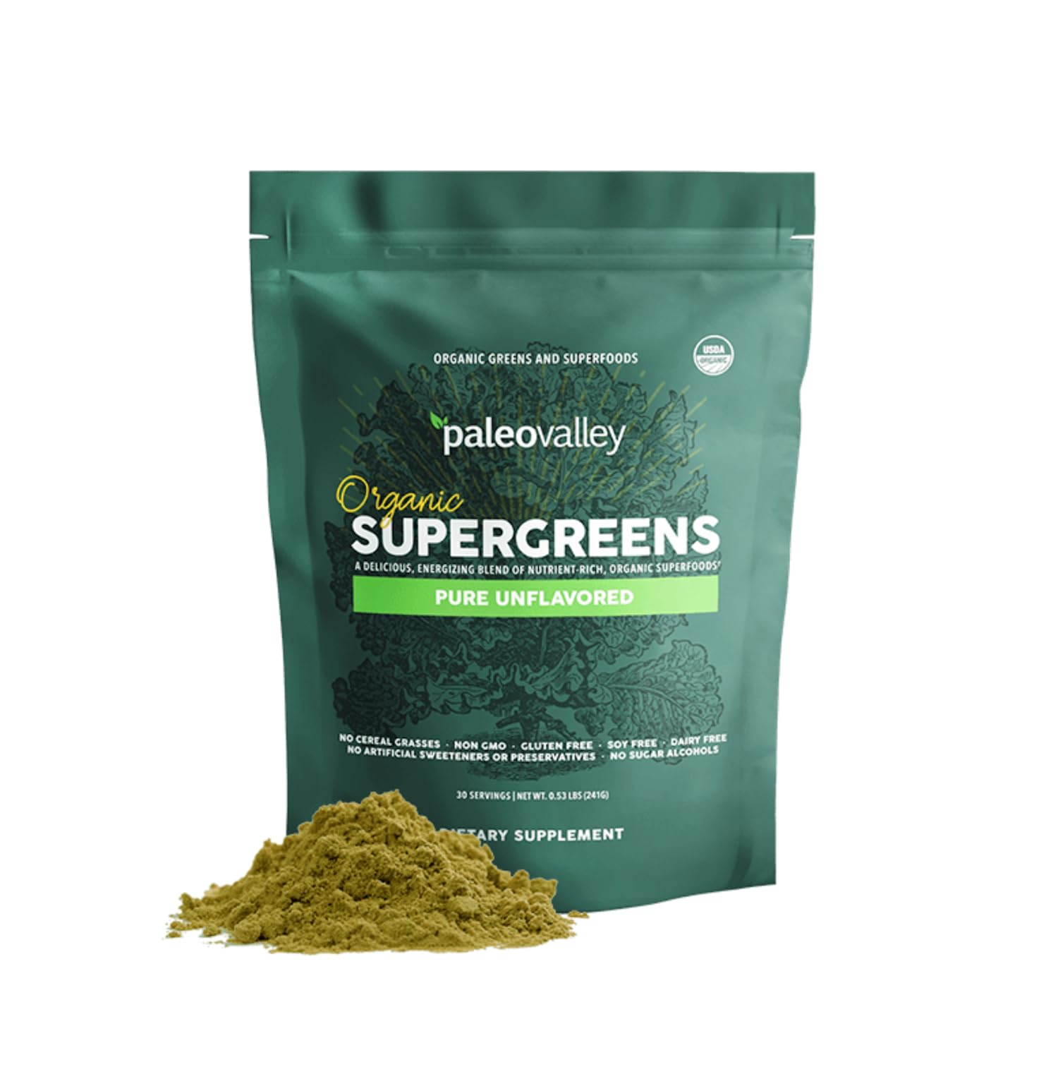 Paleovalley Organic Supergreens Powder - 23 Superfoods with Prebiotic Fiber for Energy and Immunity Support - No Cereal Grasses for Maximum Absorption - Pure Unflavored, 30 Servings PaleovalleyAu supplements