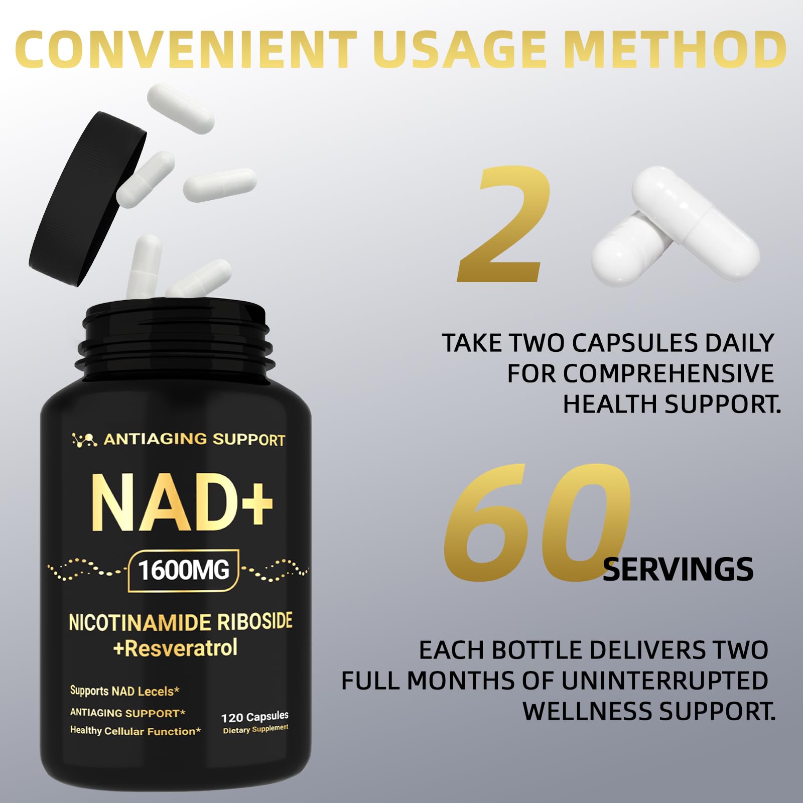 NAD Supplement 1600mg, NAD+ with Resveratrol & Nicotinamide Riboside, Anti-Aging Support, Cellular Energy & Mental Clarity Support, Vegan Non-GMO, 120 Capsules ANTIAGING SUPPORTAu supplements