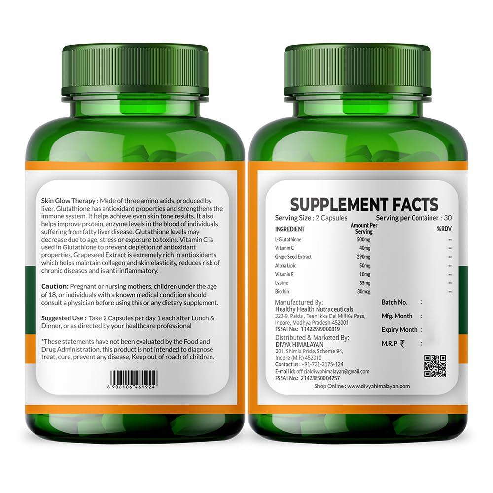 Divyhimalayan L-Glutathione 1000mg - 98% Pure Reduced Form with Vitamin C & ALA for Radiant Skin, Antioxidant & Immune Support - 60 Capsules Divya HimalayanAu supplements