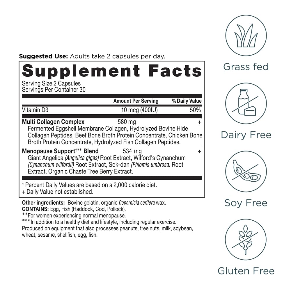 Ancient Nutrition Menopause Support + Collagen Supplement, Hydrolyzed Collagen Peptides, Key Clinically Validated Superfoods, Significant Improvement in Hot Flashes and Sleep Quality, 60 Capsules Ancient NutritionAu supplements