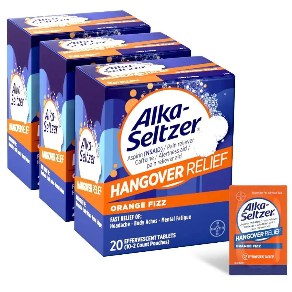 Alka-Seltzer Hangover Relief Tablets, Fast Relief Starts In About 15 Minutes for Headaches, Body Aches & Mental Fatigue, Bachelorette & Bachelor Party Packs 60 Count (3 Boxes, 20 Tablets Each) Alka-SeltzerAu supplements