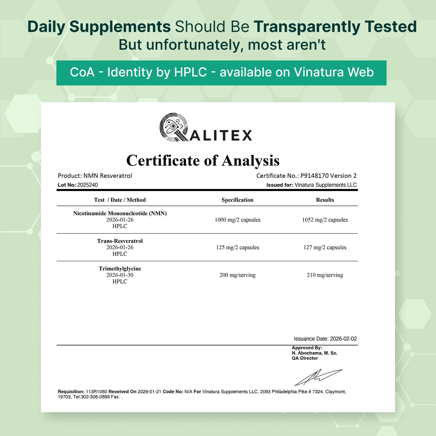 VINATURA NMN Complex Supplement 1325MG - NMN 1000mg with Resveratrol and TMG, Support NAD+, 60 Capsules VINATURAAu supplements