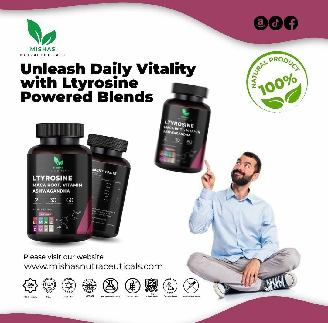 Mishas Nutraceuticals L-Tyrosine with Maca Root, Ashwagandha & Vitamins Complex – Energy, Mental Focus, Stress Relief & Immunity Support – 60 Capsules (30 Servings) MishasAu supplements
