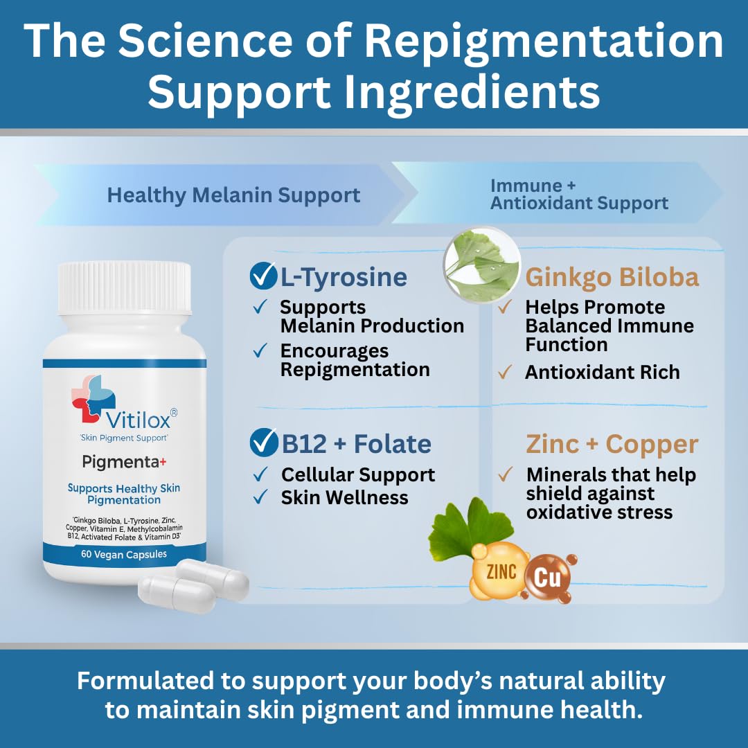 Vitilox Pigmenta+ Advanced, Skin Tone Support Supplement – 60 Tablets | 2 Months | Natural Vitiligo Skin Pigmentation Support | Reduce White Body Spots VitiloxAu supplements
