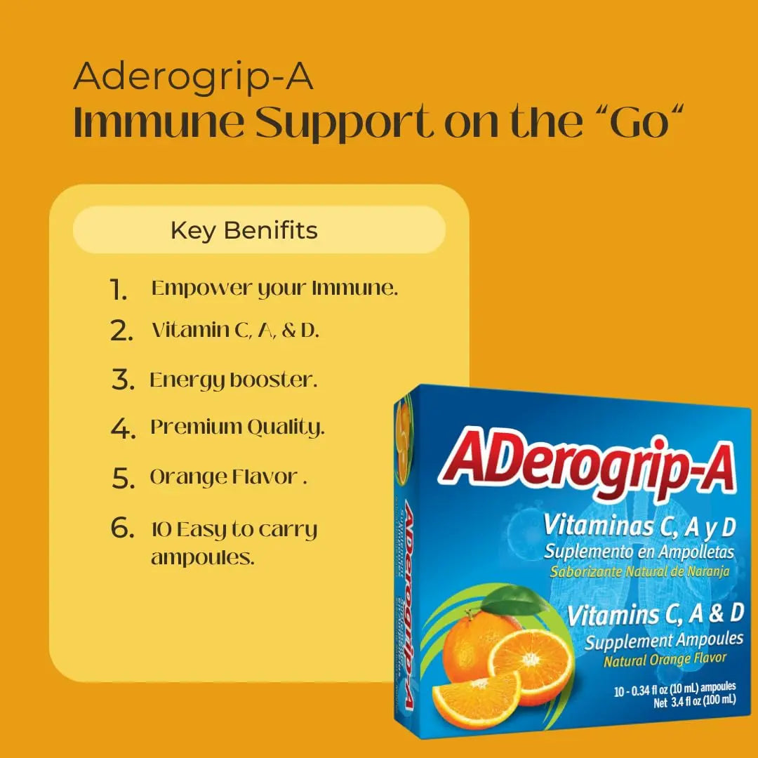 Aderogripa Immune Support Vitamins C, A & D | Liquid Supplement | 10 Natural Orange Flavor Ampoules | Boost Your Immune System ADEROGRIP-AAu supplements