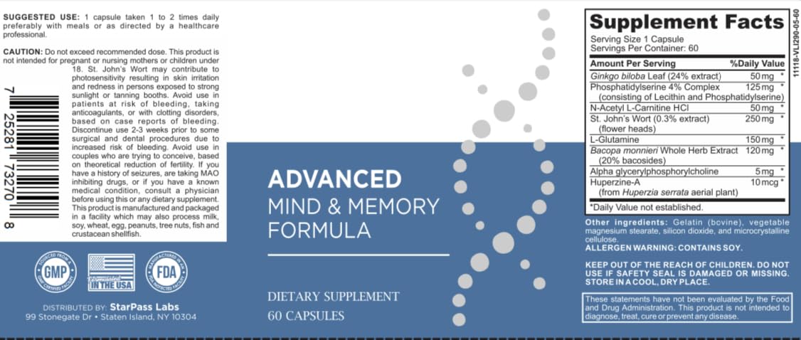 StarPass Labs Advanced Memory Formula Extreme Brain Booster, Brain Supplement for Memory, Focus and Mental Performance, Memory Vitamins for Better Brain Health 180 Capsules (3 Pack) StarPass LabsAu supplements