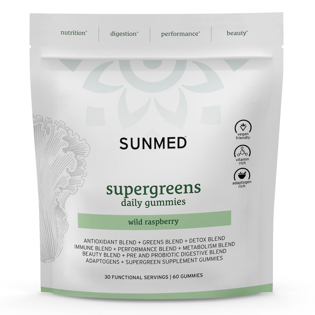SUNMED Supergreens Daily Gummies – Wellness Blend with Ashwagandha, Green Tea, Spirulina, Probiotics, Antioxidants & Detox Support for Immunity, Gut, Skin & Brain Health | Wild Raspberry, 60ct SUNMEDAu supplements