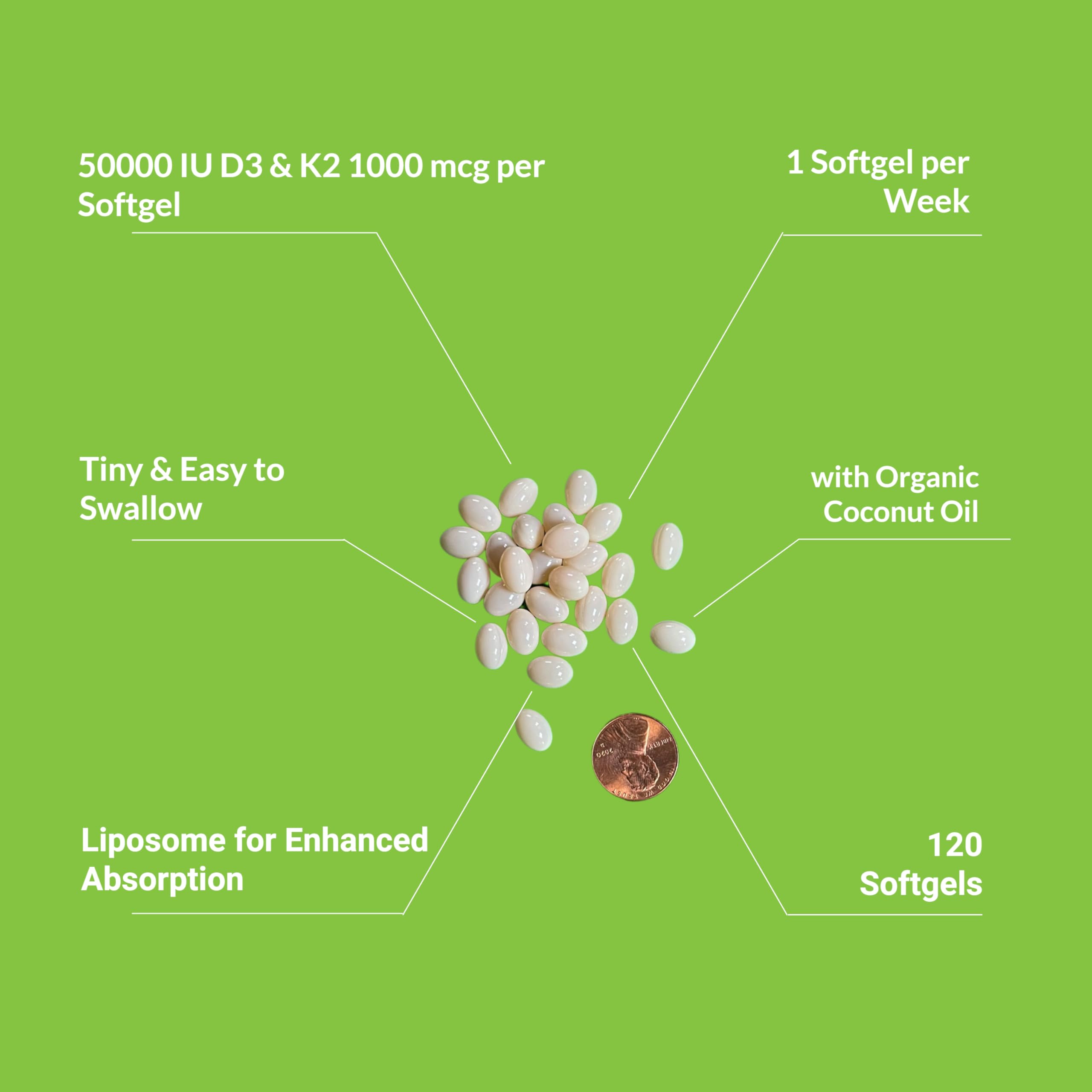 UpNourish Liposomal Vitamin D3 50000 IU (Vitamina D3 de 50000) with 1000 mcg Vitamin K, High Dose Vitamin D3 K2, Vitamin D 50000 IU with K1, K2 MK-4 and MK-7, 120 Mini Softgels UpNourishAu supplements