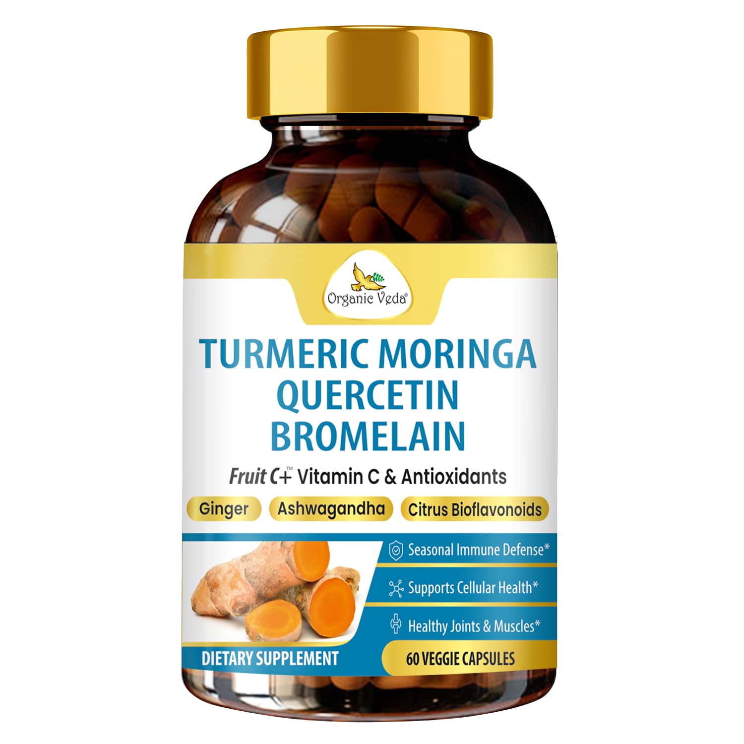 Organic Veda Turmeric Moringa Quercetin with Bromelain Capsules - Fruit C+ Vitamin C Antioxidants Immune System & Respiratory Supplement - Ashwagandha, Ginger, Citrus Bioflavonoids, 60 Vegan Capsule Organic VedaAu supplements