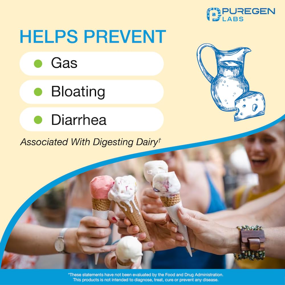 Puregen Labs Dairy Relief Natural Fast Acting Lactase Enzyme 3000 FCC, Lactose Intoleran P Puregen LabsUS supplements