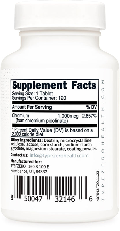 Type Zero Clean Chromium Picolinate Tablets (120 Servings, 1,000 MCG Per Serving) - Non-GMO, Gluten Free Type ZeroUS supplements