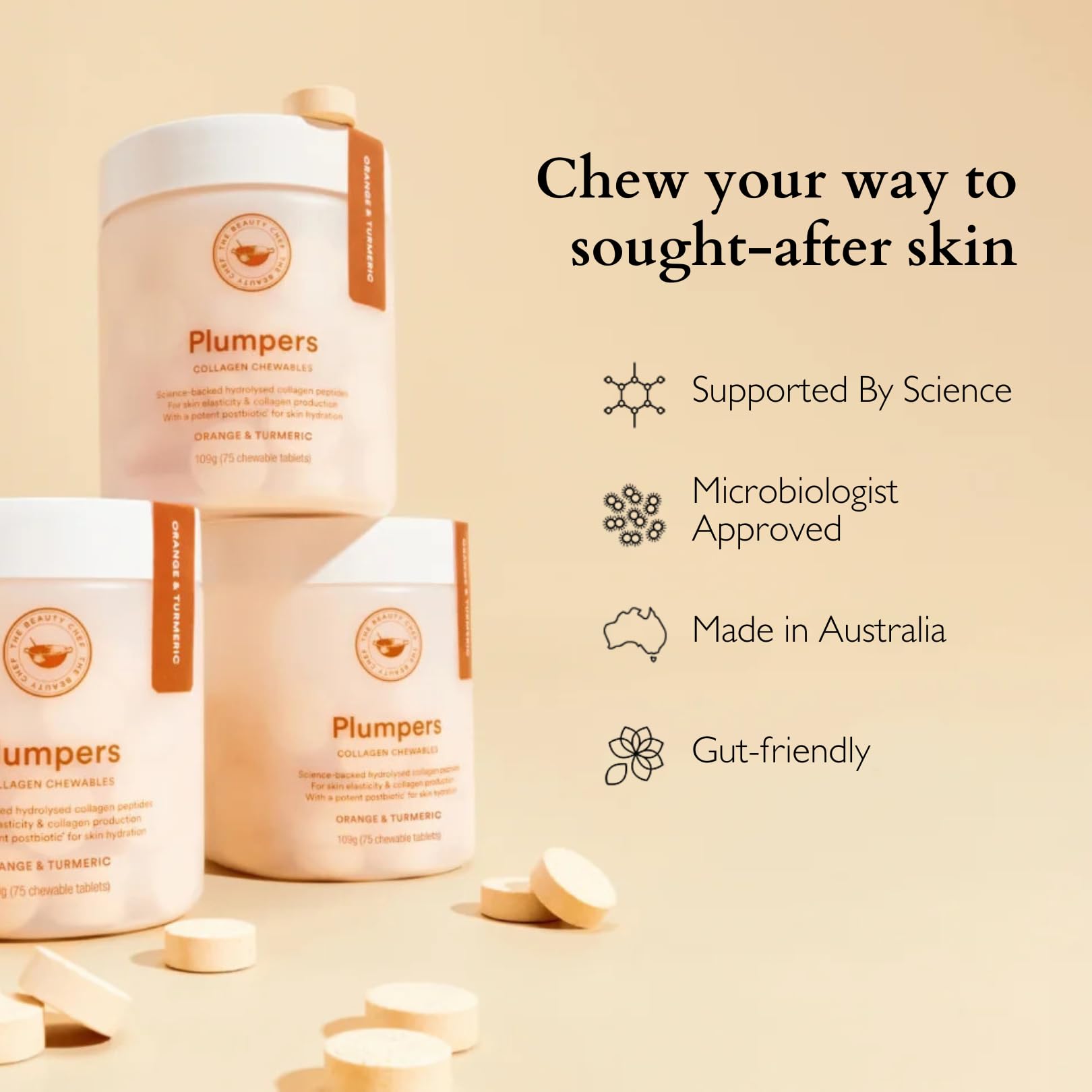 The Beauty Chef Plumpers™ Collagen Chewable Tablets with Hyaluronic Acid & Postbiotic, Supports Skin Elasticity & Collagen, Women's Multivitamin, Collagen Peptides, 75 Tablets (Orange & Turmeric) The Beauty ChefAu supplements