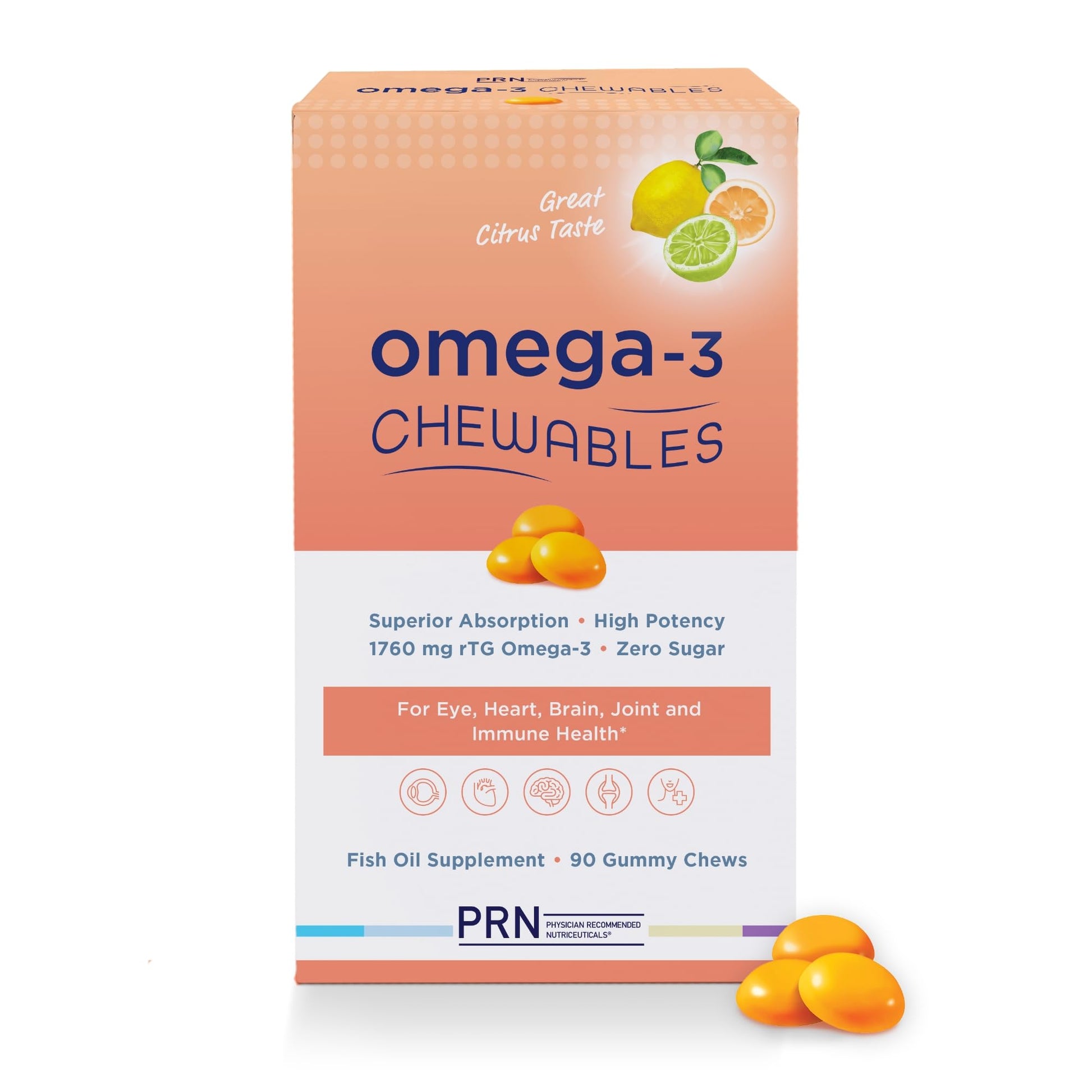 Omega 3 Gummy Chewables - 90 Gel Chews, 30-Day Supply, Citrus Flavor - 1760mg Ultra-Pure rTG Omega 3 for Eye, Heart, Brain, Joint & Immune Health PRN Physician Recommended NutriceuticalsAu supplements