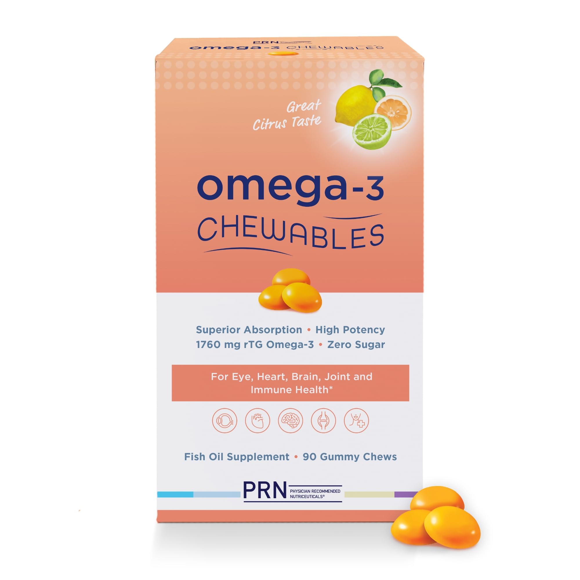 Omega 3 Gummy Chewables - 90 Gel Chews, 30-Day Supply, Citrus Flavor - 1760mg Ultra-Pure rTG Omega 3 for Eye, Heart, Brain, Joint & Immune Health PRN Physician Recommended NutriceuticalsAu supplements
