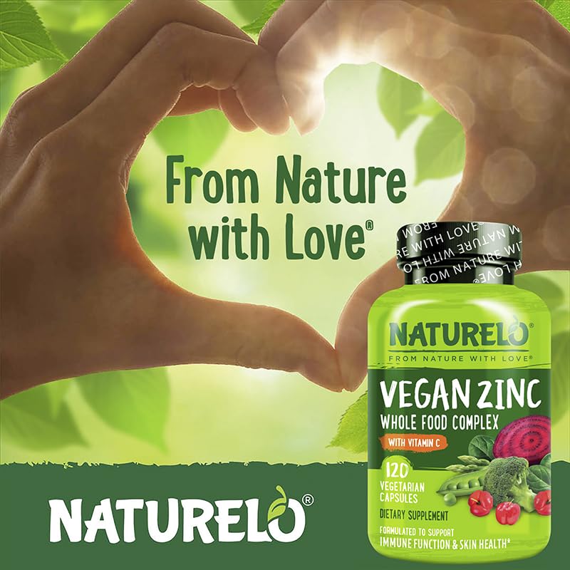 NATURELO Vegan Zinc Immune Support Capsules - Whole Food Complex with Vitamin C for Healthy Skin, Hair, and Nails - 120 Capsules NATURELOAu supplements