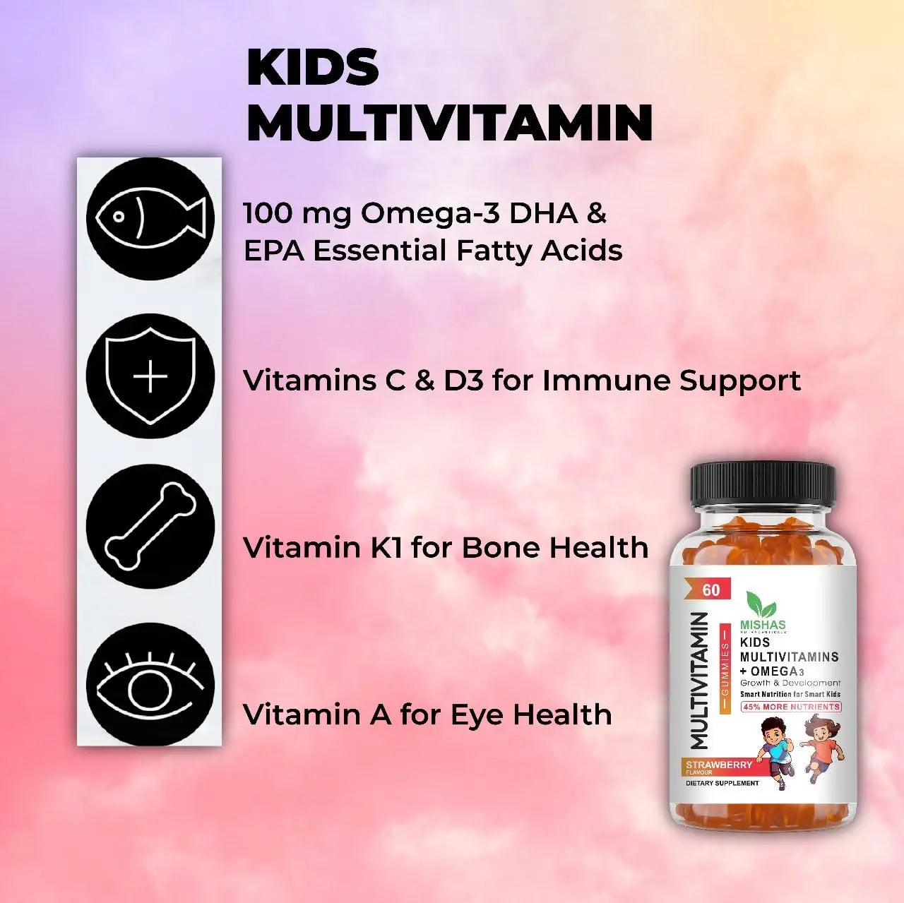 Mishas Nutraceuticals Kids Multivitamin Gummies with Omega 3 Fish Oil (EPA/DHA), Vitamin D3, C, B12, B6, Vitamin A, K & Zinc Immune Support MishasAu supplements