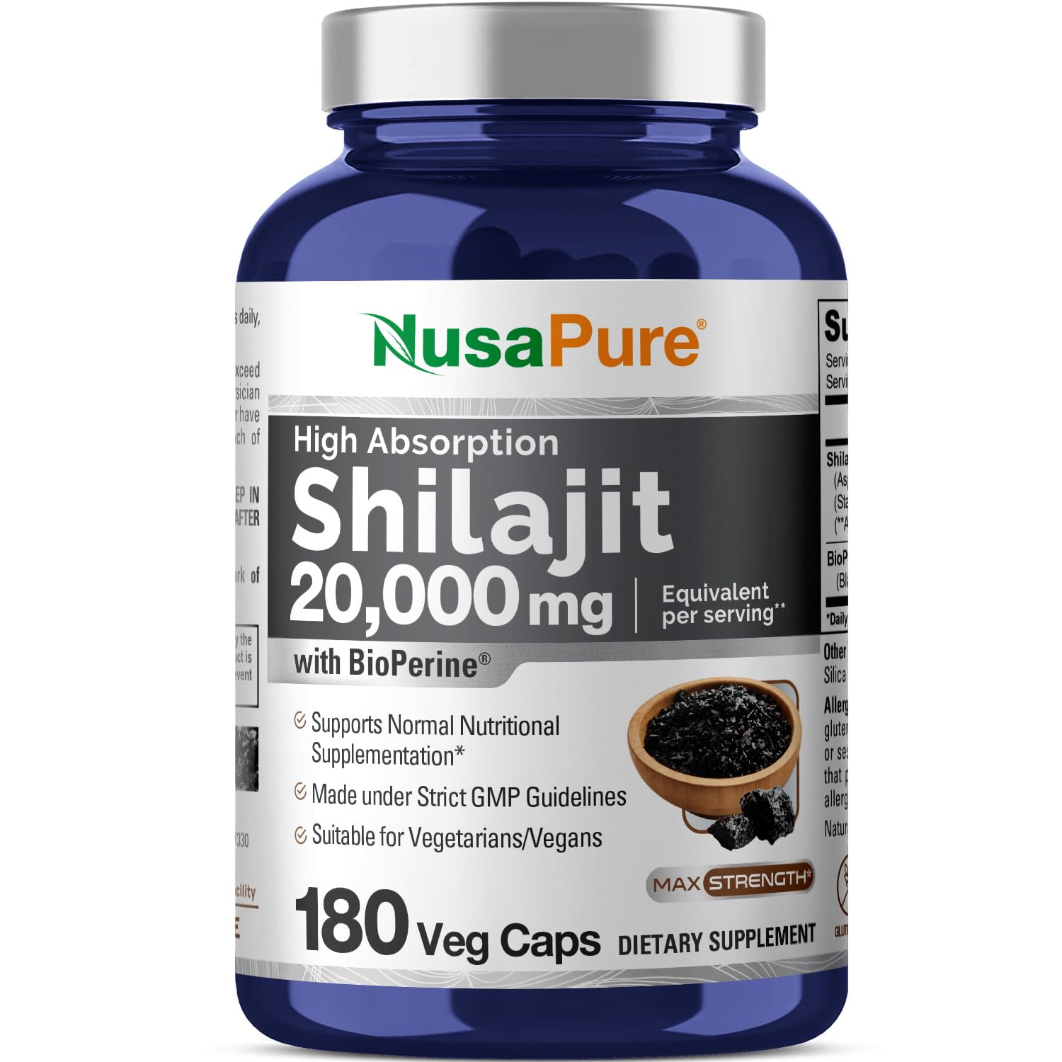 NusaPure Shilajit 20,000mg per Serving, 180 Veggie Caps, Non-GMO, Gluten Free, Bioperine NusaPureAu supplements
