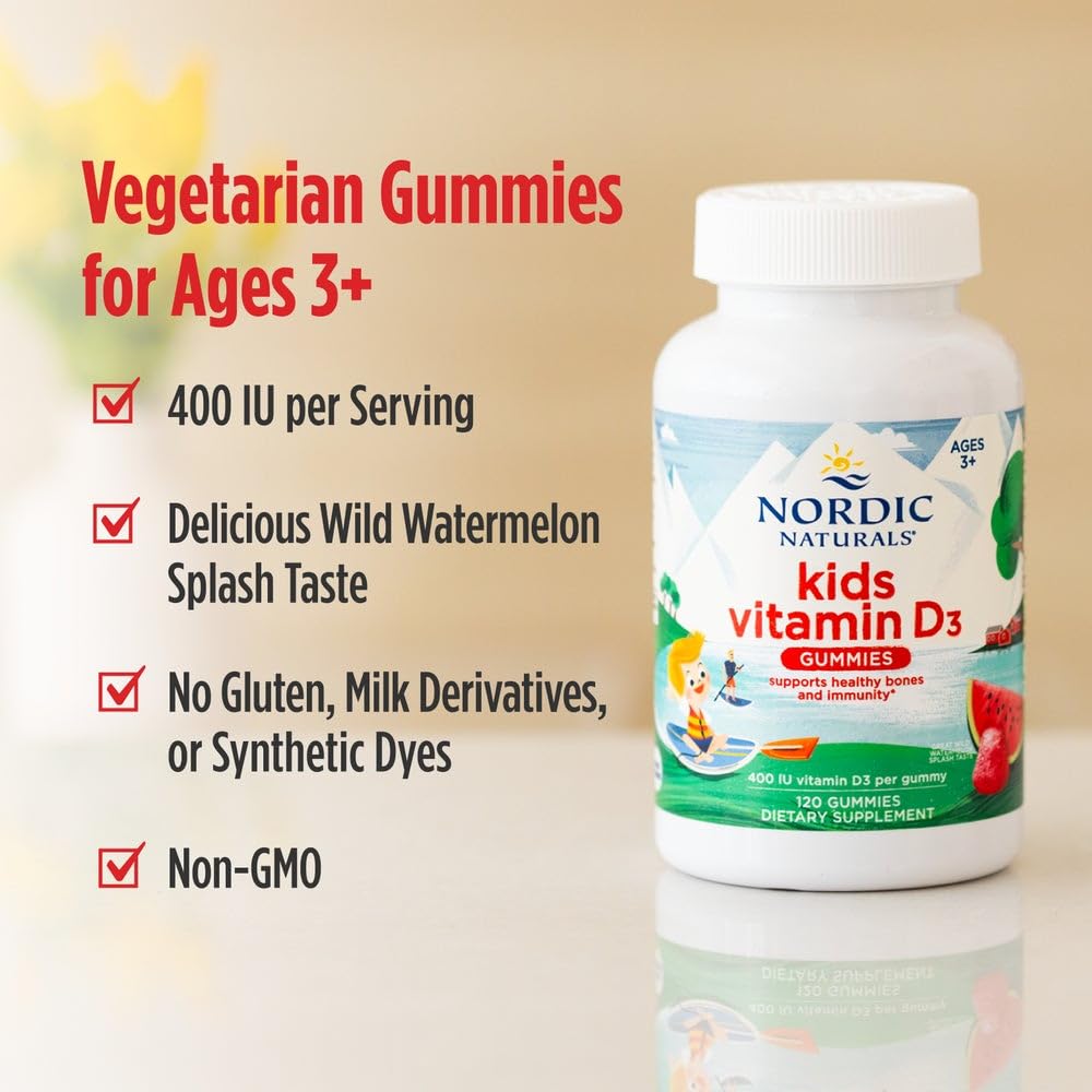 Nordic Naturals Vitamin D3 Gummies Kids, Wild Watermelon Splash - 120 Gummies - 400 IU Vitamin D3 - Bone Health, Healthy Immunity - Non-GMO, Vegetarian - 120 Servings Nordic NaturalsAu supplements