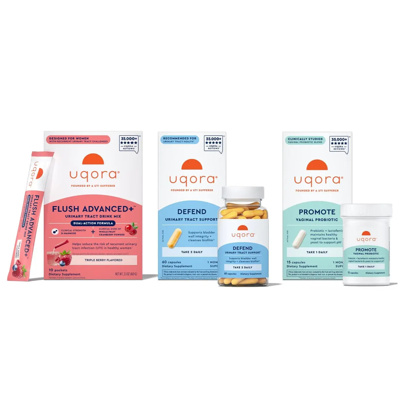 Uqora Flush Advanced+ Regimen with Flush Advanced+ - Cranberry to Reduce Risk of Recurrent UTI** - Defend & Promote - D-Mannose, Vitamin C, Green Tea Extract & Probiotics - 3-Part Bundle UqoraAu supplements