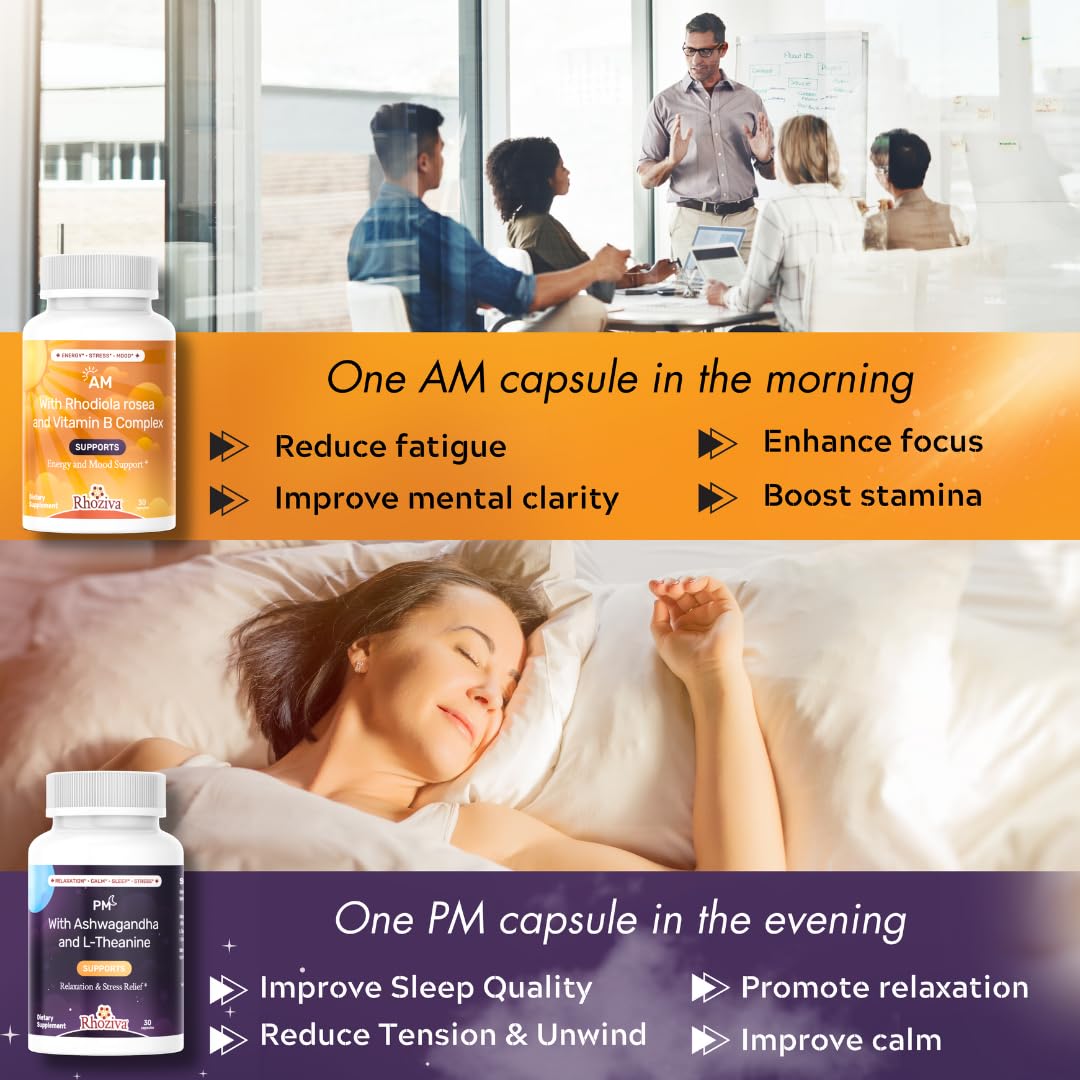 AM PM Multivitamin - Cortisol Supplements for Women and Men with L-Theanine, Ashwagandha - Rhodiola Rosea Supplement 200mg - Vitamin B Complex - Nootropics - Day and Night Vitamins for Women & Men RhozivaAu supplements