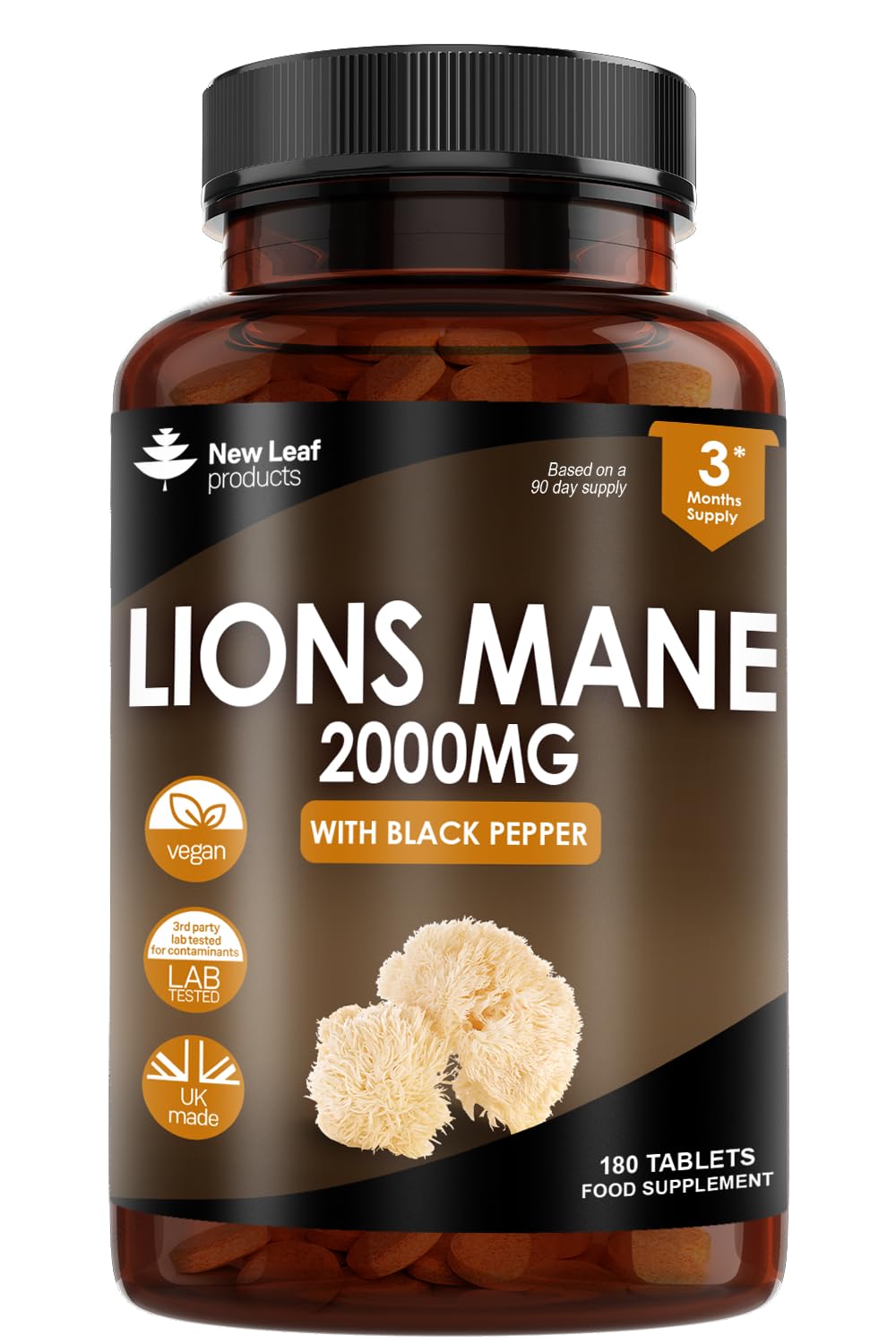 Lions Mane Mushroom Extract Supplement 2000mg - 180 High Strength Vegan Tablets NEW LEAF PRODUCTSUS supplements