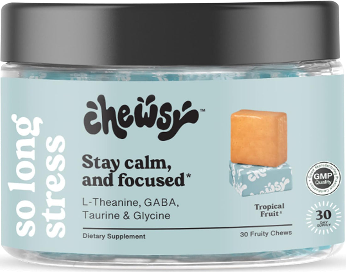 Chewsy So Long Stress, Calm Fruity Chews, Stay Calm & Focused. w/L-theanine, Amino Acid, GABA, Glycine, Tyrosine, Taurine & Magnesium. Non-GMO and Gluten-Free. Tropical Fruity Chews, 30-Day Supply CHEWSYAu supplements
