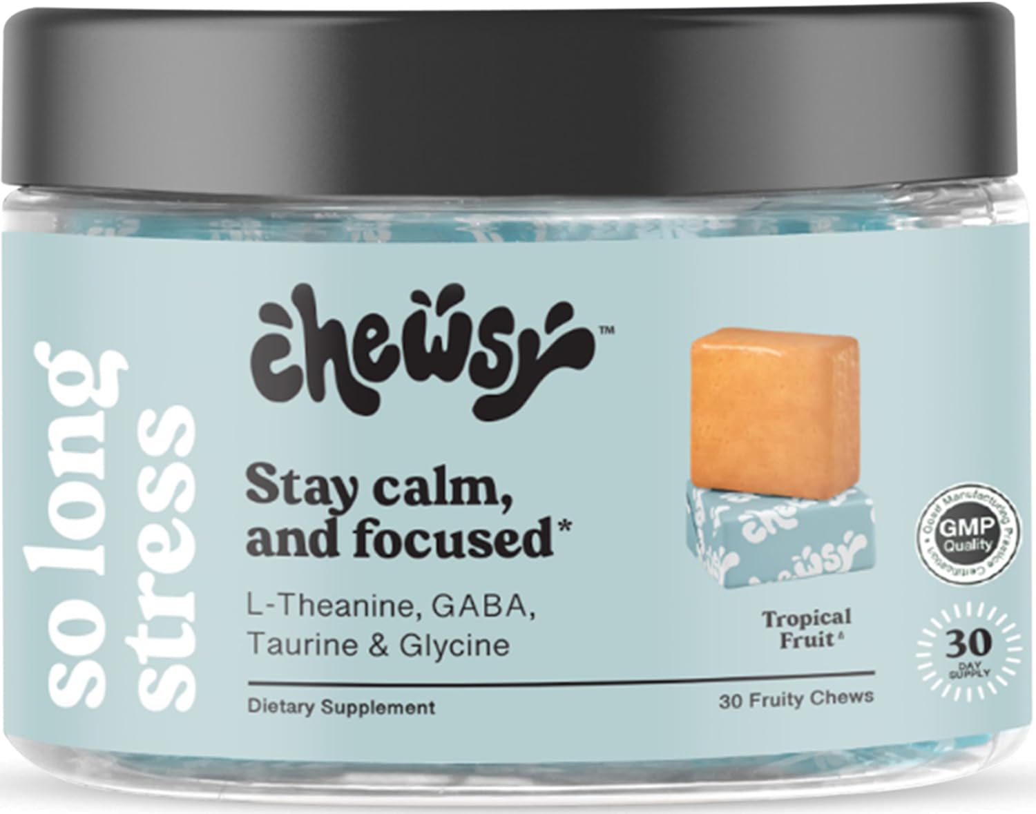 Chewsy So Long Stress, Calm Fruity Chews, Stay Calm & Focused. w/L-theanine, Amino Acid, GABA, Glycine, Tyrosine, Taurine & Magnesium. Non-GMO and Gluten-Free. Tropical Fruity Chews, 30-Day Supply CHEWSYAu supplements