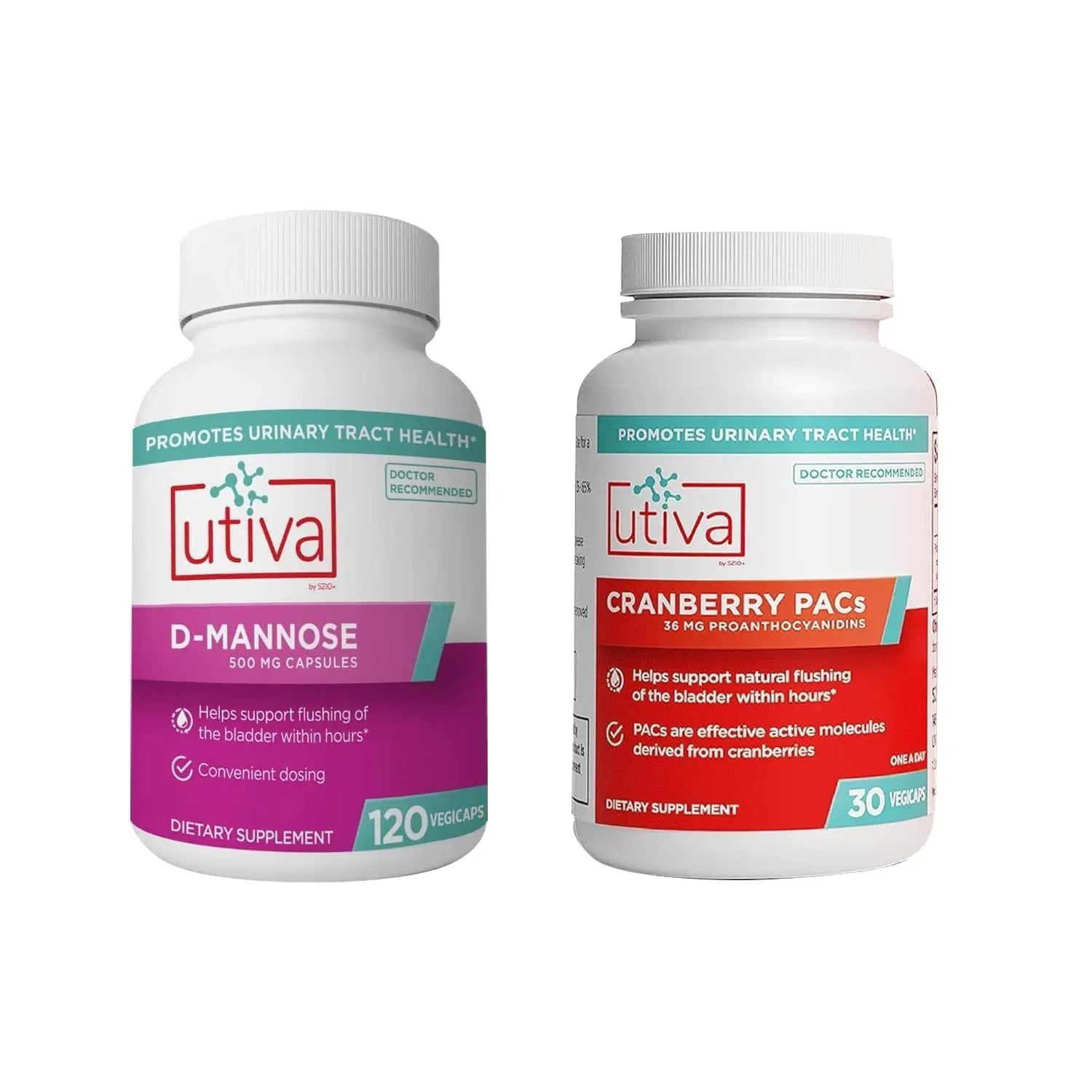 20% Bundle Utiva Cranberry PACs 30 Vegi Capsules Cranberry Supplement for Urinary Tract Health for Women and Men + Utiva D-Mannose 500mg 120 Capsules Naturally Flush The Bladder and Urinary Tract Szio+Au supplements
