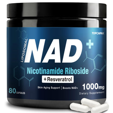 NAD+ Supplement 1000mg - Nicotinamide Riboside (NR) and Resveratrol, Liposomal NAD of Pure Organic Ingredients for Women & Men Healthy Aging, Brain and Cellular Energy, 80 Capsules TOPCAPAKAu supplements