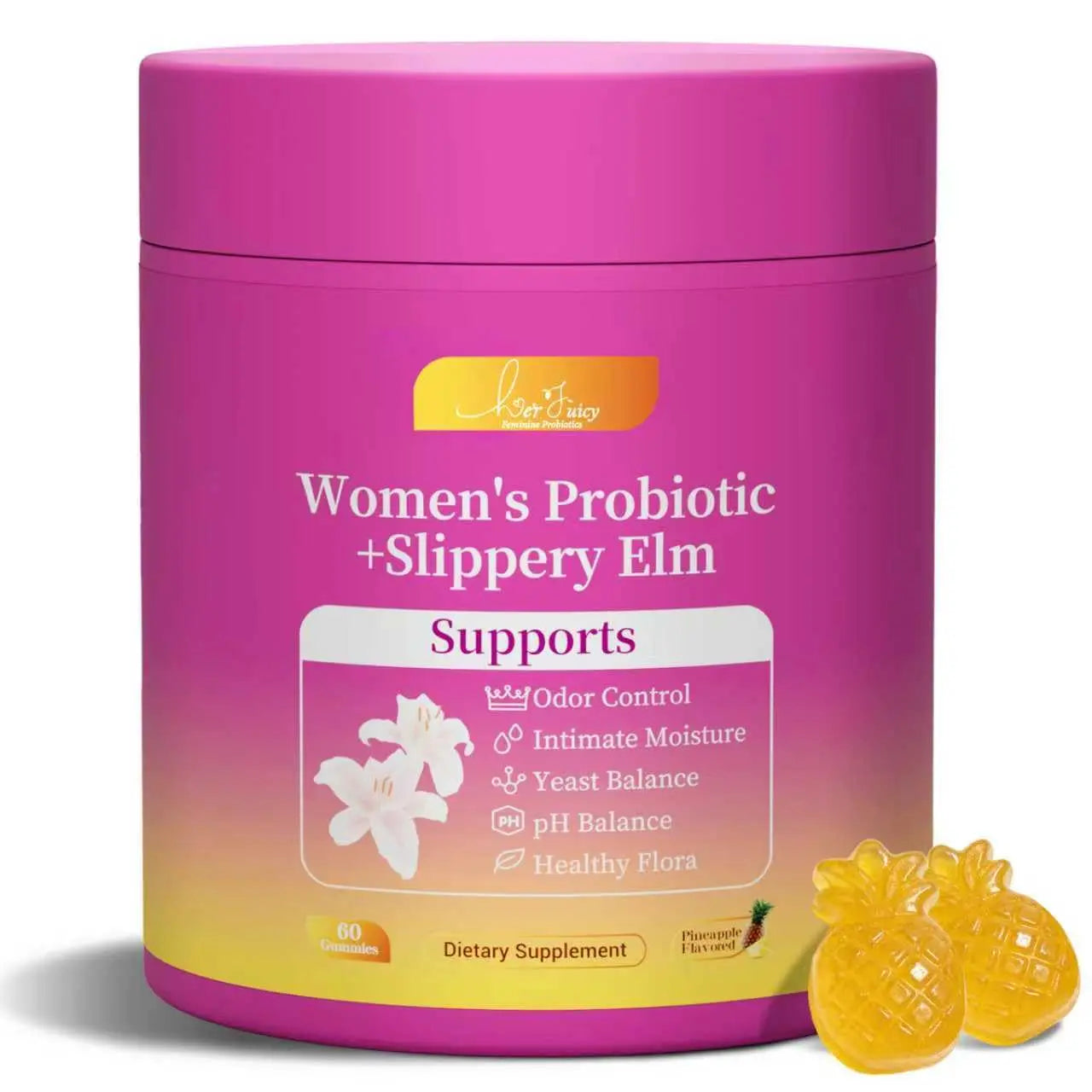 Brurtzexs Her Juicy Feminine Probiotics Gummies for Women with Slippery Elm - Pineapple Flavor, pH Balance & Immune Health Support - Digestive & Feminine Support - Vegan Supplement, 60 C BrurtzexsAu supplements