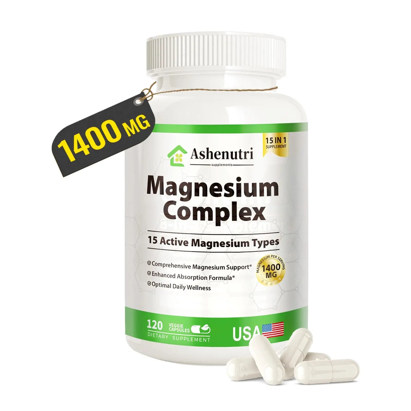 Magnesium Complex with 15 Types Magnesium Glycinate Citrate Malate Taurate Oxide Carbonate Chloride Orotate Magnesio Muscle, Heart, Relaxation & Nerves 120 Vegan Capsules, 60-Day Supply Ashenutrinz supplements