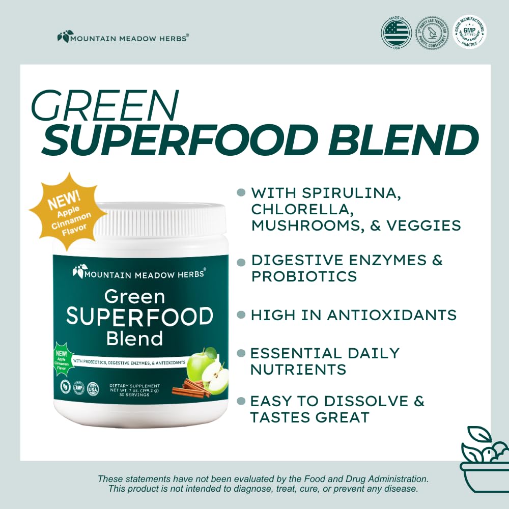Mountain Meadow Herbs Green Superfood Blend – Spirulina, Chlorella, Mushrooms, Probiotics, Digestive Enzymes, Antioxidants – Organic Greens Powder for Energy & Gut Health – 30 Servings Mountain Meadow HerbsAu supplements
