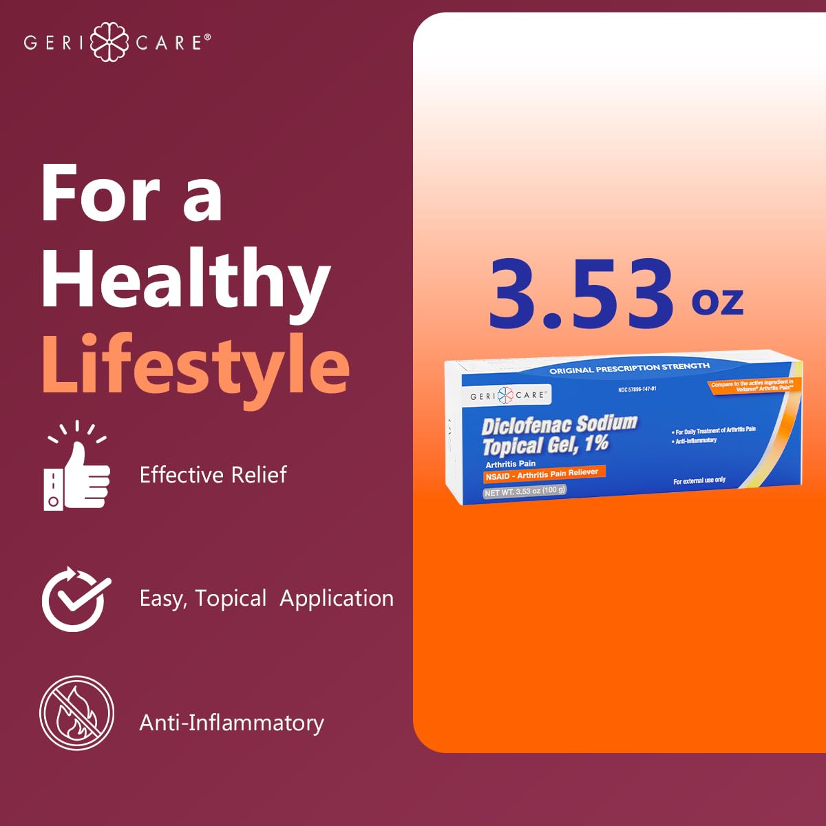 GeriCare Topical Arthritis Pain Relief Gel Diclofenac Sodium 1% (NSAID) Hand Wrist Elbow Foot Ankle Knee Extra-Strength Pain Reliever- Anti-inflammatory Arthritis Pain Treatment, 3.53oz (3 Pack) GeriCareAu supplements