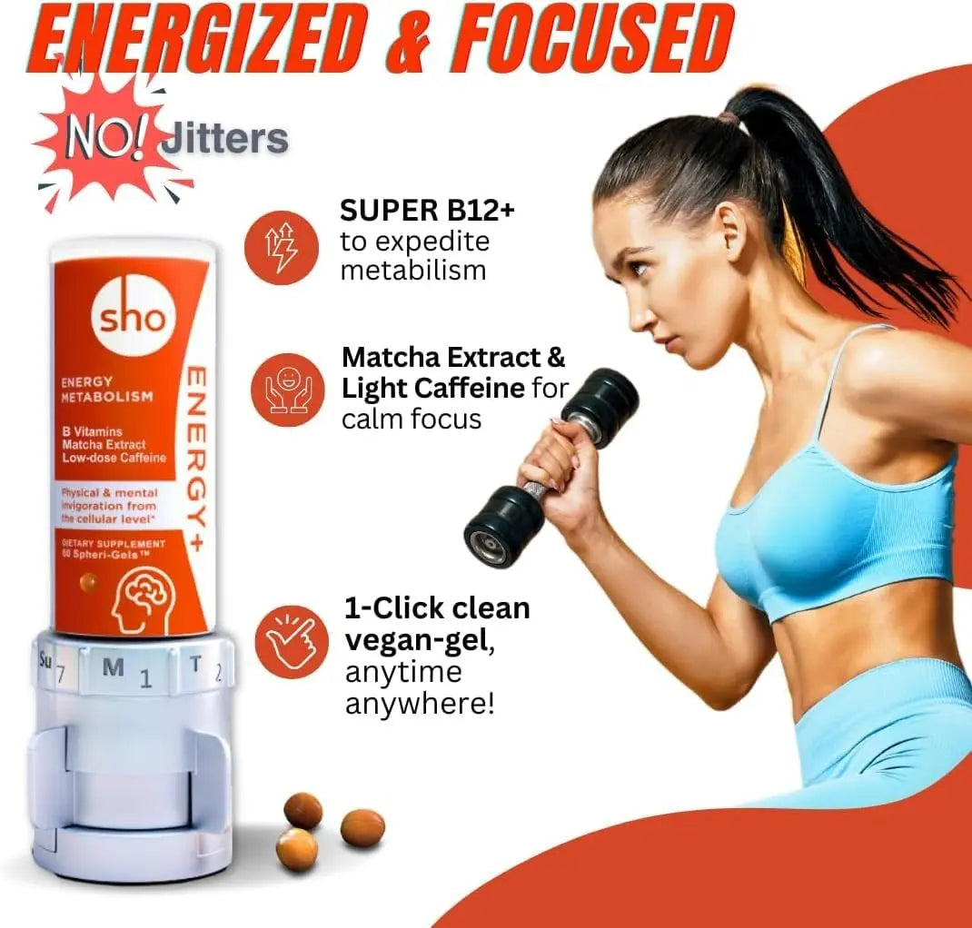 SHO Vegan Energy+ Focus Supplement Kit- Matcha Green Tea Extract, Methylated B Complex, Vitamin B and Caffeine Natural Energy Booster Without Crash, Jitters for Men and Women - 60 Pills Refill Bottle SHOnz supplements