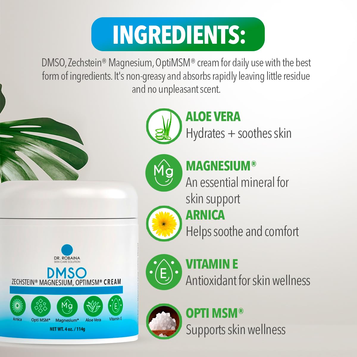 Dr. Robaina DMSO Cream – 99.9% Pure Dimethyl Sulfoxide | Formula with Zechstein Magnesium, Arnica, Aloe Vera & Vitamin E | Topical Cream for Body Wellness Dr. RobainaAu supplements