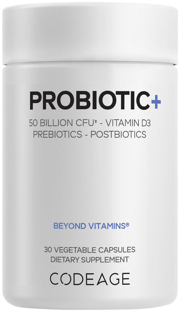 Codeage Probiotic+ 50 Billion CFU** Supplement - 12-Strain Probiotic Blend, Organic Prebiotic Fiber, Postbiotics, Vitamin D3, Zinc Bisglycinate, Quercetin - for Men & Women - Non-GMO - 30 Capsules CodeageAu supplements