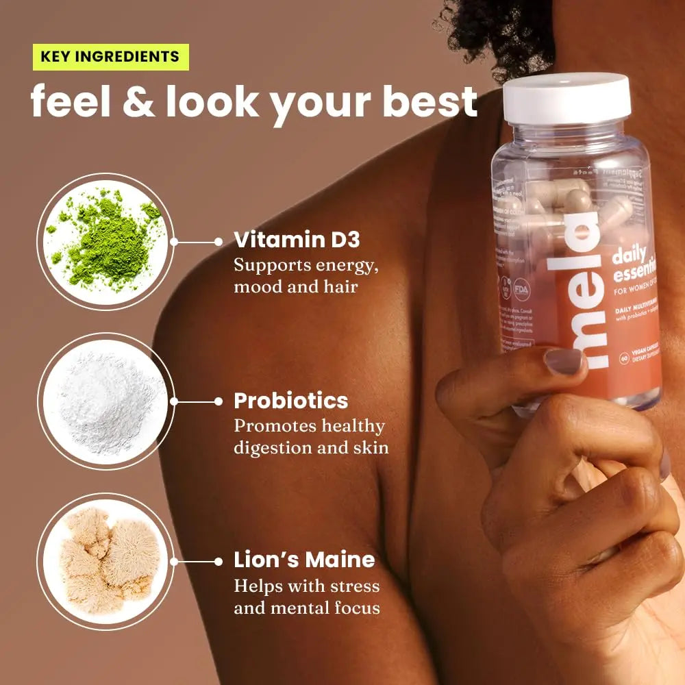 Mela Daily Essentials Multivitamin for Melanated Women - High-Dose Vitamin D3 and B12, Probiotics, Lion's Mane, Ceylon Cinnamon MelaAu supplements