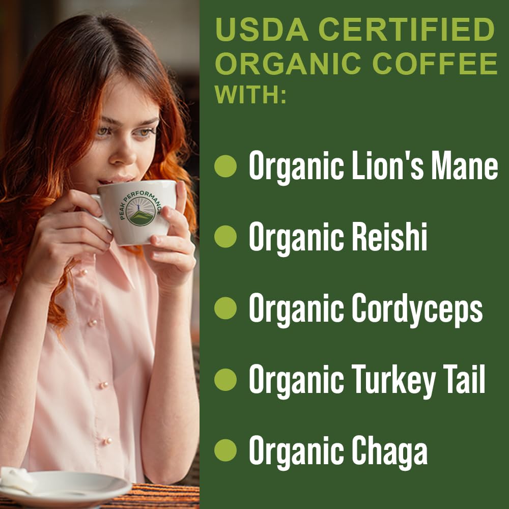 Organic Mushroom Coffee Pods with Lion's Mane, Reishi, Cordyceps, Turkey Tail, and Chaga Mushrooms. High Altitude, Low Acid, Smooth Tasting, Fair Trade, Instant Nootropic Coffee (Medium Roast Ground) Peak PerformanceAu supplements