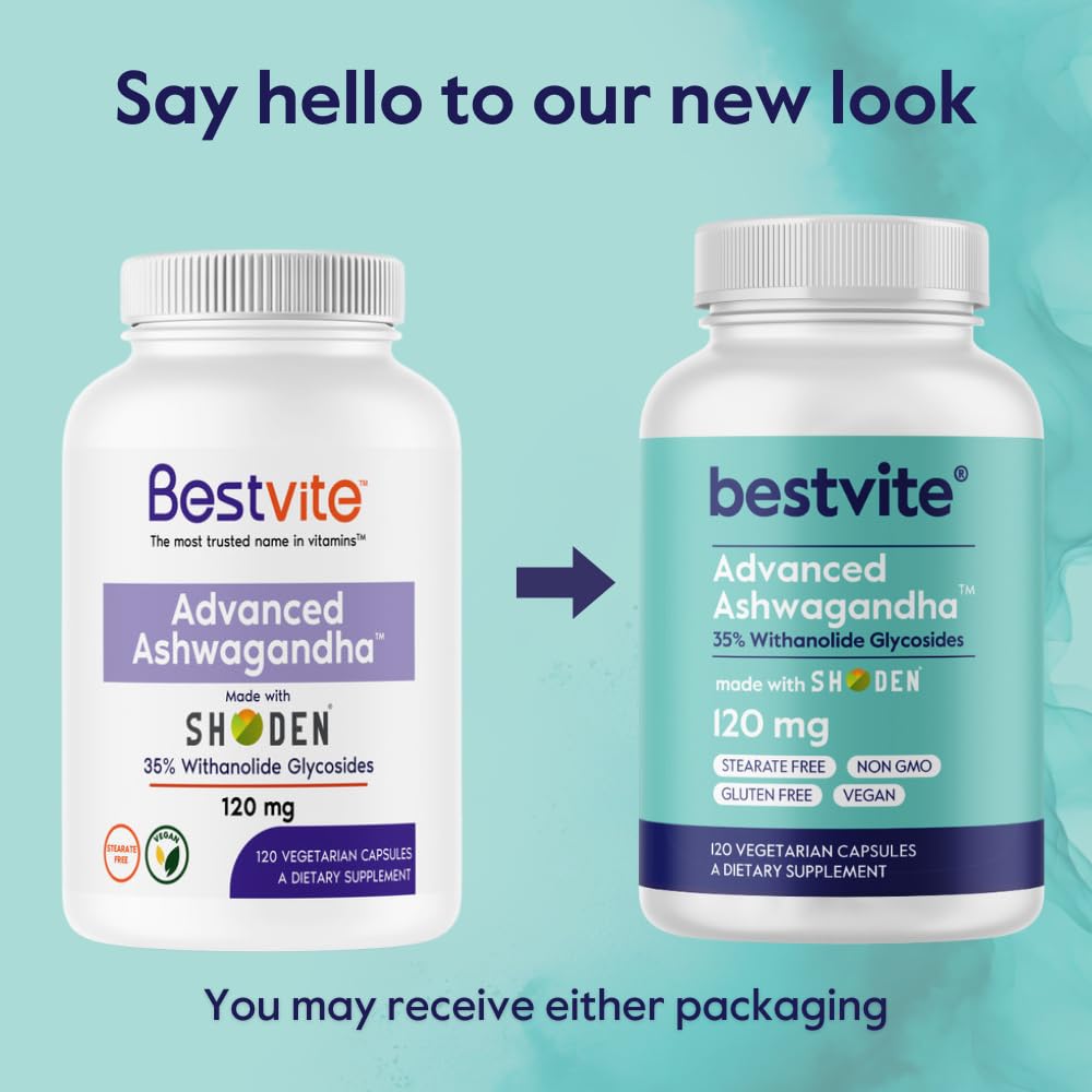 BESTVITE Advanced Ashwagandha 120mg w/Shoden (120 Vegetarian Capsules) - Clinically Studied Containing Industry Leading 35% Withanolide Glycosides - No Stearates - Vegan - Non GMO - Gluten Free BESTVITEAu supplements