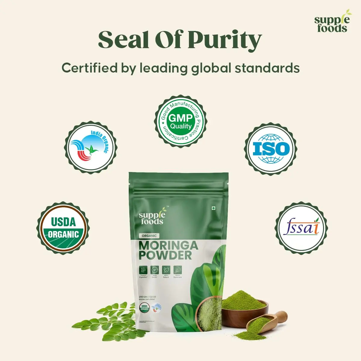 supplefoods Organic Moringa Powder 200 g / 7.05 oz | 100% Natural Green Superfood | Assists Digestion & Daily Detox | Finely Milled Moringa Leaf Powder | USDA Certified Organic Dietary Supplement supplefoodsnz supplements