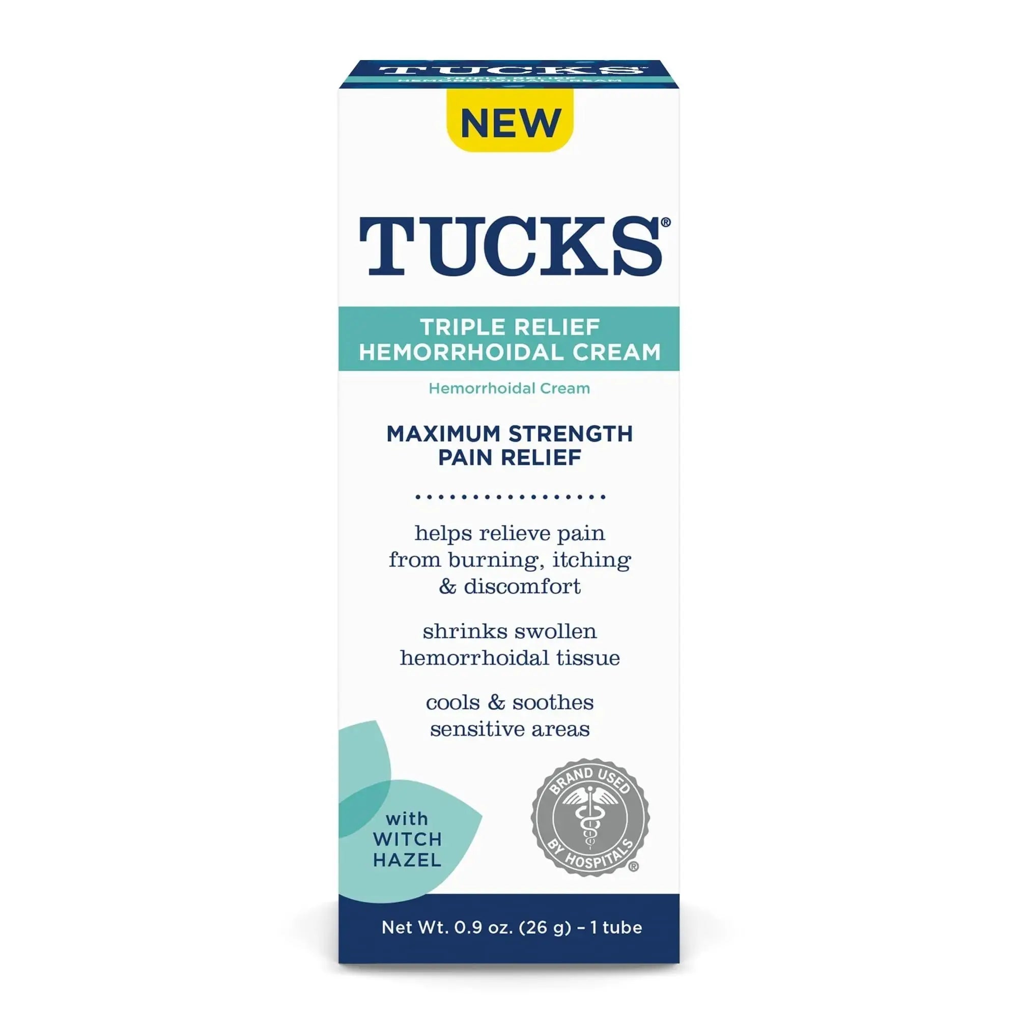 Tucks Triple Relief Hemorrhoidal Cream, Maximum Strength Pain Relief from Burning, Itching and Discomfort, with Witch Hazel, Treatment, Brand Used by Hospitals, 0.9oz. (26g) TUCKSAu supplements