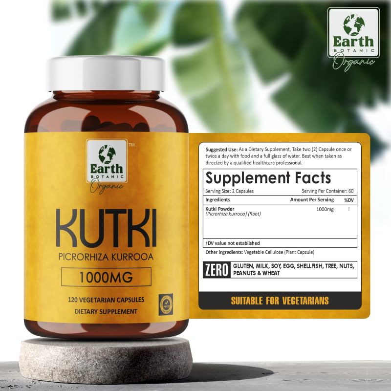 Earth BOTANIC Organic Kutki Root Powder 1000mg 120 Capsules (Picorohiza Kurrooa) Earth BOTANIC OrganicUS supplements