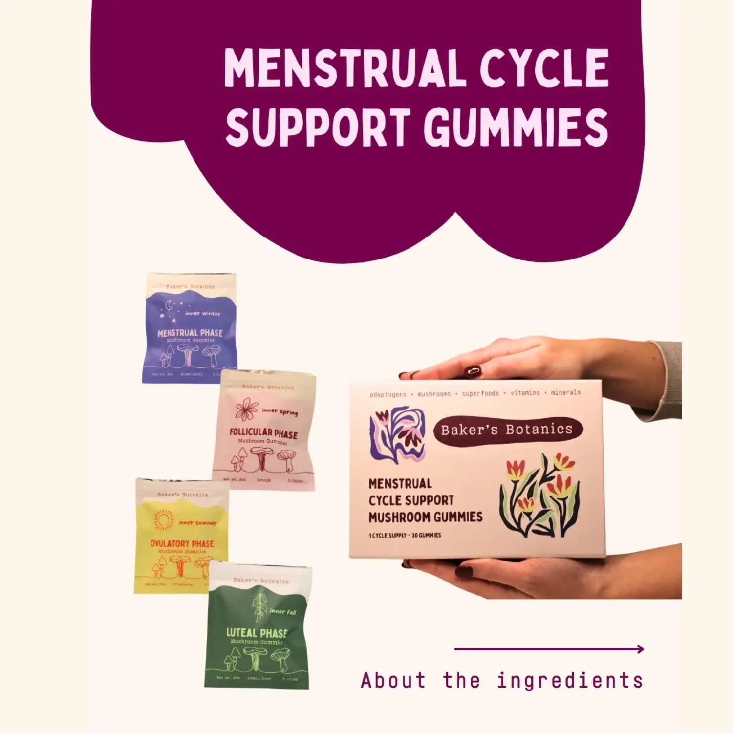 Period ovulatory & PMS Support Supplement for Women – Hormone Balance + 4-Phase Menstrual Cycle Kit | Vegan Functional Mushroom Gummies by Baker’s Botanics (Pack of 6)(30 Gummies) Baker's BotanicsAu supplements